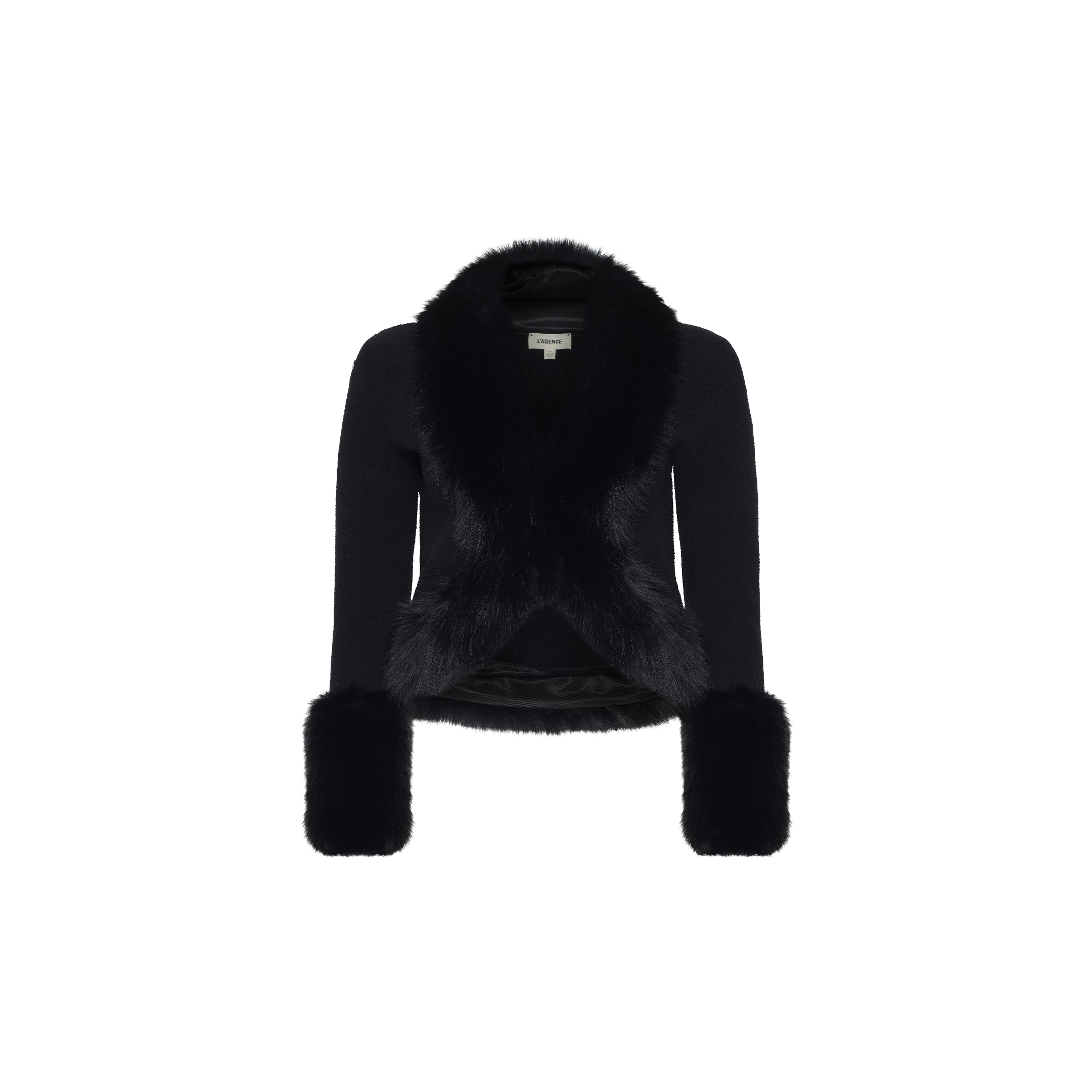 Irma Cardigan in a cropped black knit, featuring a wide faux fur collar and fur-trimmed cuffs in a Y2K style.