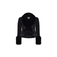 Irma Cardigan in a cropped black knit, featuring a wide faux fur collar and fur-trimmed cuffs in a Y2K style.