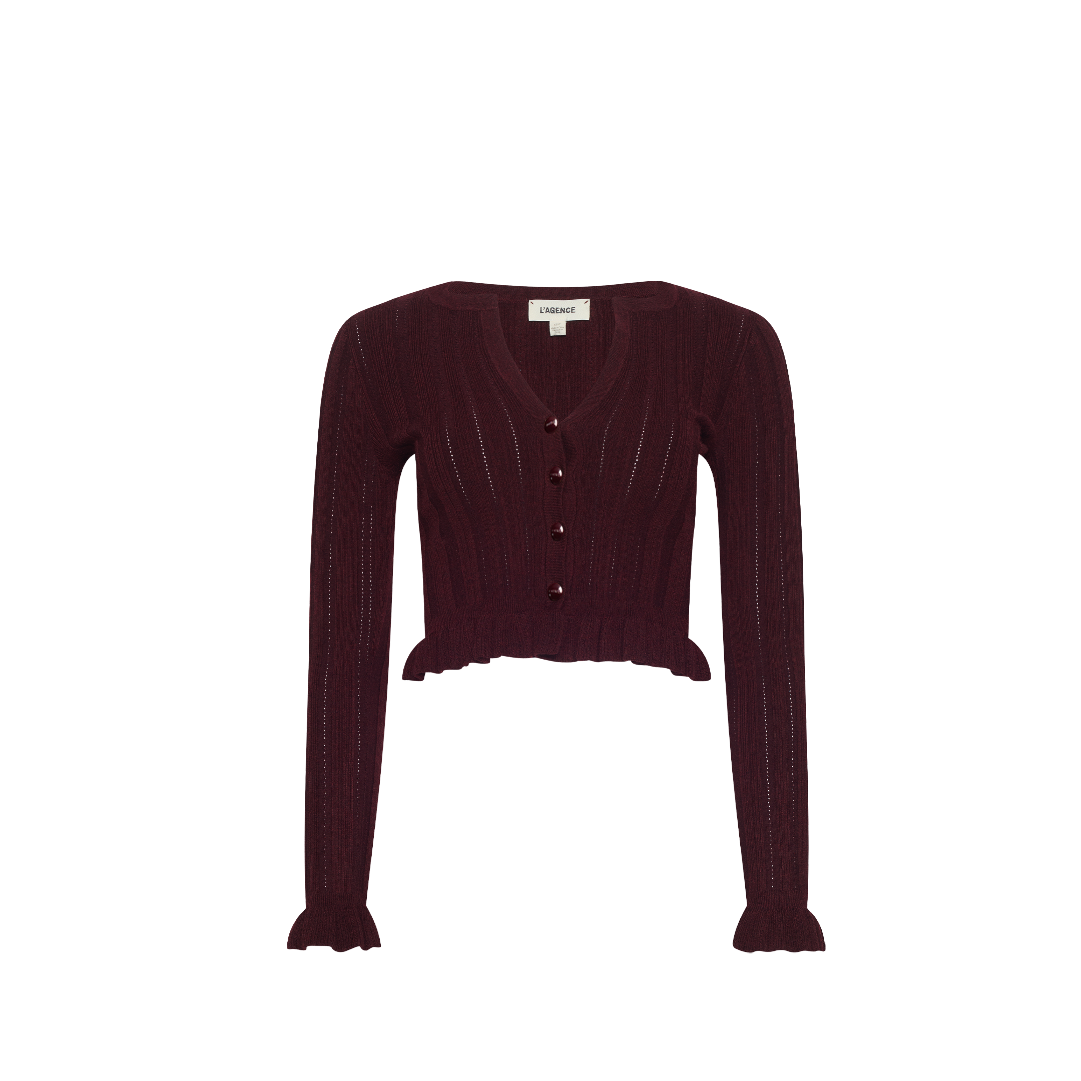 Finian Cardigan Top in deep burgundy, a lightweight knit cropped design with a button-front closure and ruffled hems at the waist and cuffs.