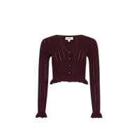 Finian Cardigan Top in deep burgundy, a lightweight knit cropped design with a button-front closure and ruffled hems at the waist and cuffs.