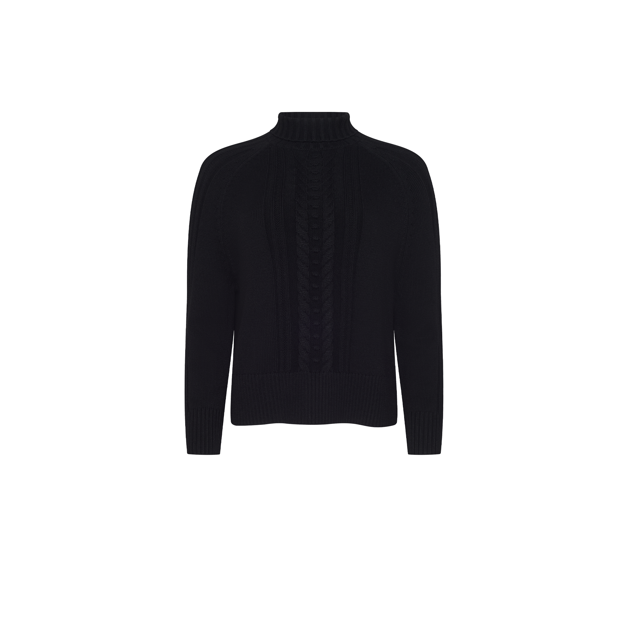Black Sandrina Turtleneck in a relaxed-fit cable knit with a cable knit detail down the front.