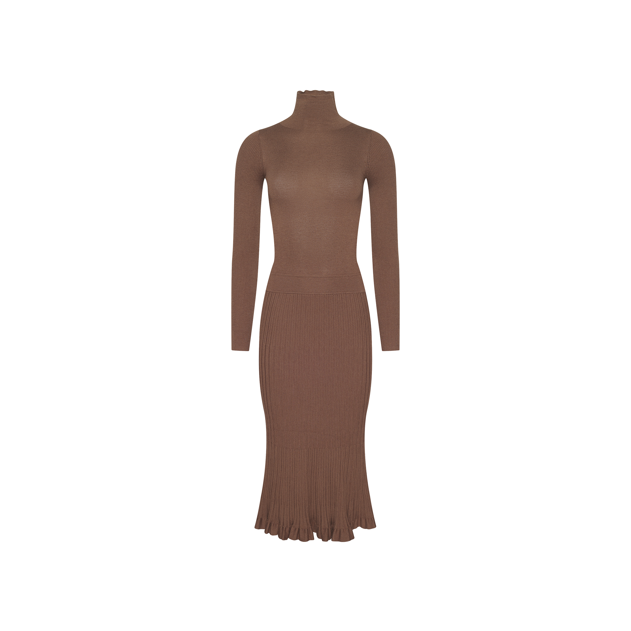 Solaire Knit Dress in brown, a long-sleeve lightweight midi dress featuring a funnelneck and a flared, ruffled hem.