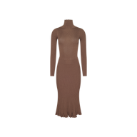 Solaire Knit Dress in brown, a long-sleeve lightweight midi dress featuring a funnelneck and a flared, ruffled hem.