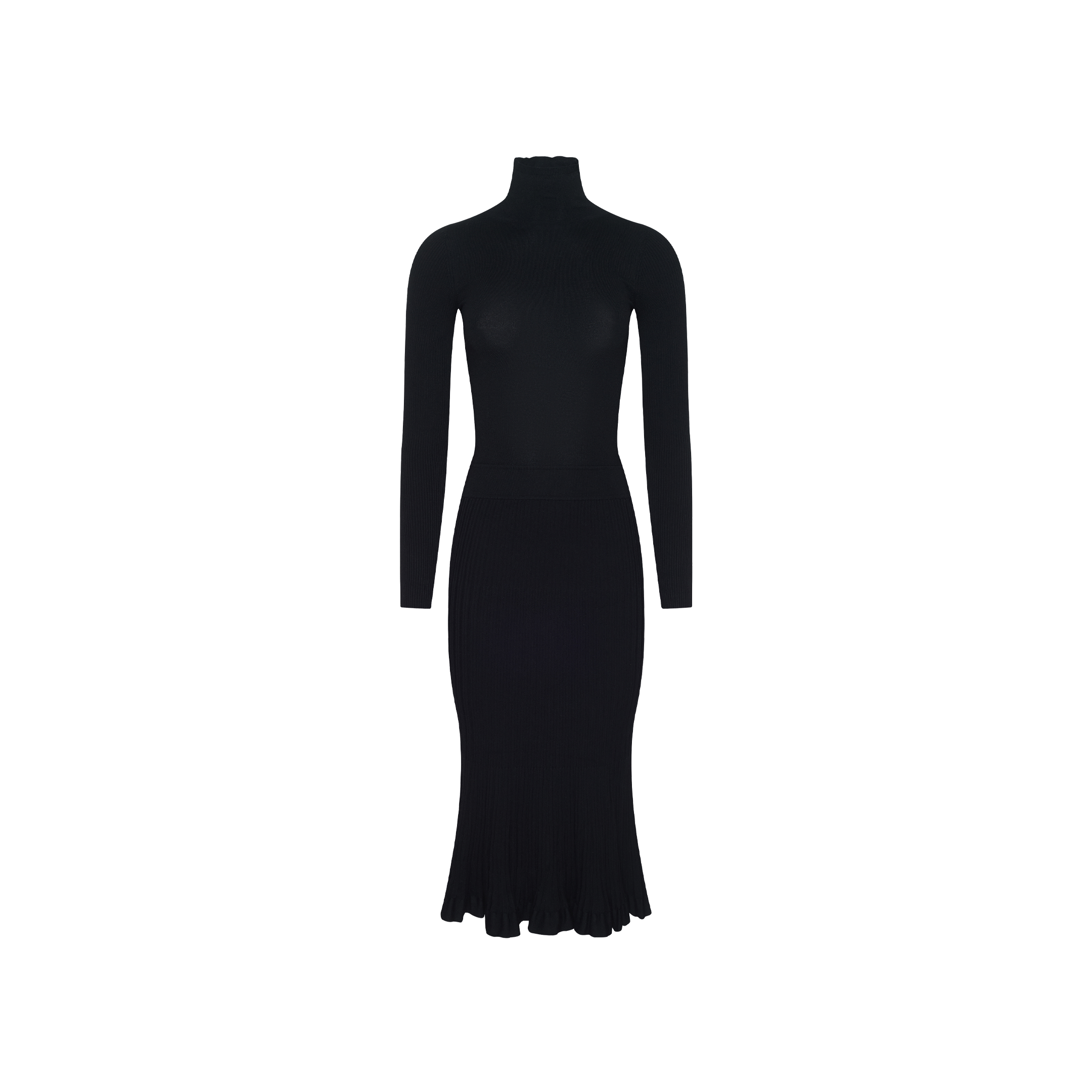 Solaire Knit Dress in a fitted black ribbed knit featuring a turtleneck and long sleeves.