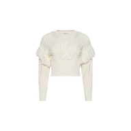 Ottavia Pullover in a cream-colored cable knit with fringe trim, a cropped hem, and long sleeves.