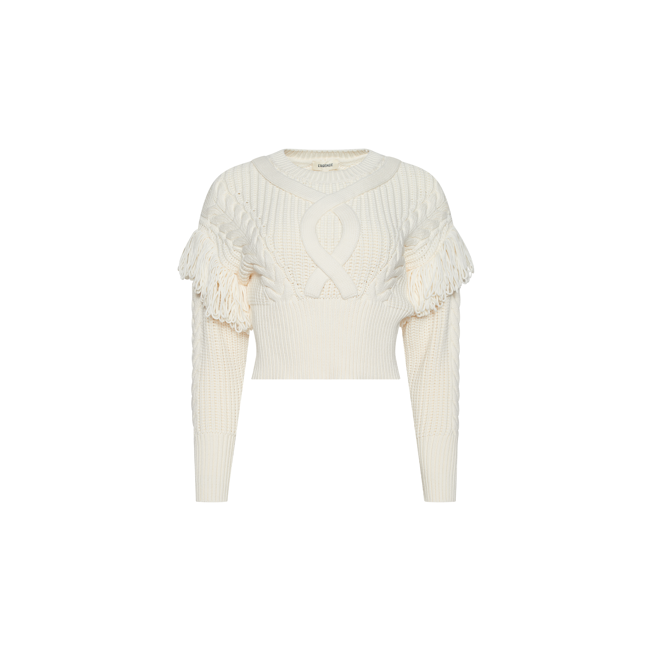 Ottavia Pullover in a cream-colored cable knit with fringe trim, a cropped hem, and long sleeves.
