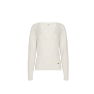 Soft knit Korinna Pullover V-neck sweater in white with long sleeves and a small gold-tone metal emblem at the left hip.
