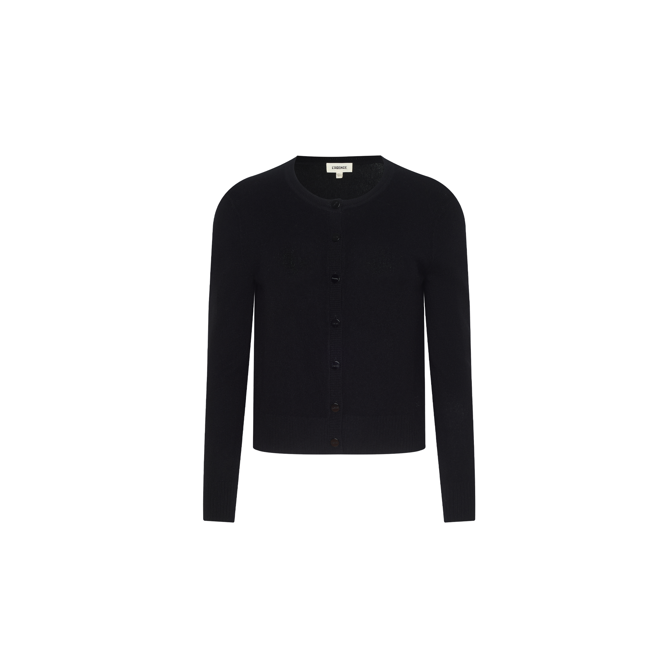 The Malone Cashmere Cardigan is a black, long-sleeve, button-up design featuring a round neckline, showcased against a plain white background.