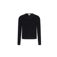 The Malone Cashmere Cardigan is a black, long-sleeve, button-up design featuring a round neckline, showcased against a plain white background.