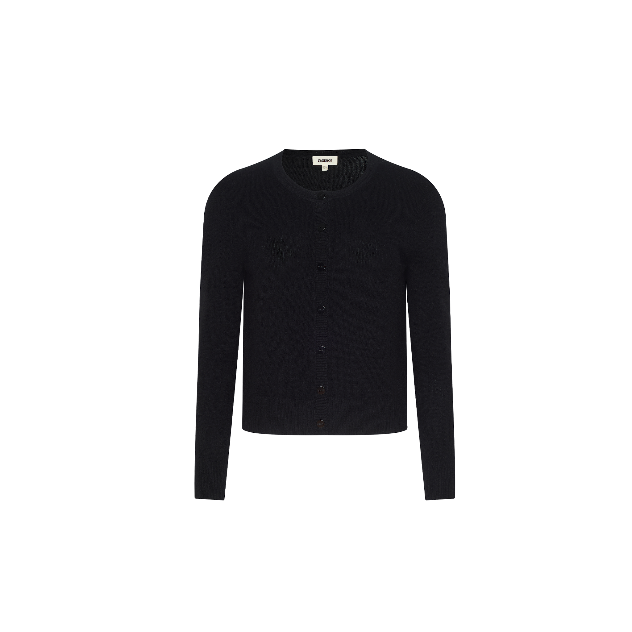 The Malone Cashmere Cardigan is a black, long-sleeve, button-up design featuring a round neckline, showcased against a plain white background.