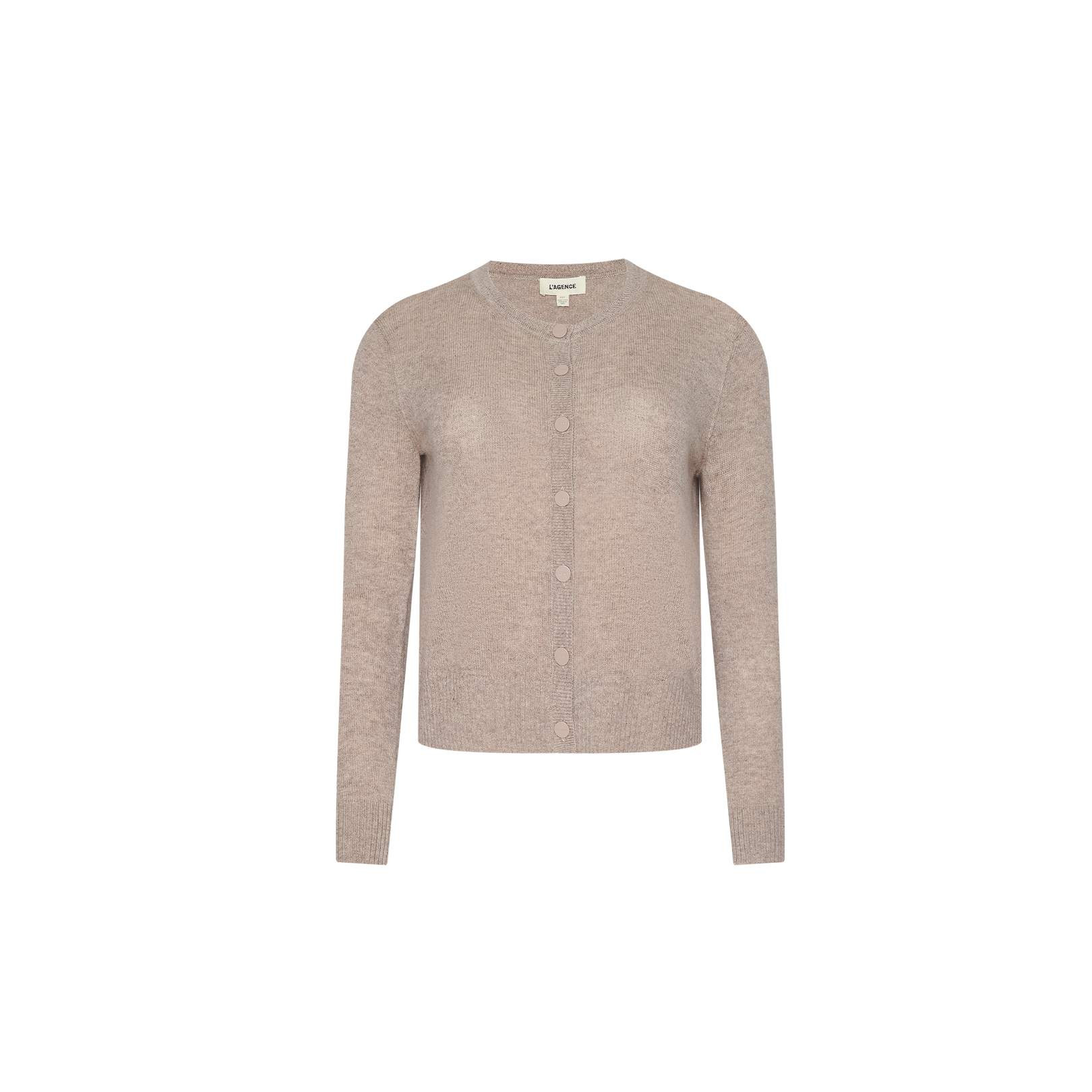 Malone Cashmere Cardigan in light beige featuring a crew neckline and front button closure, displayed on a plain white background.