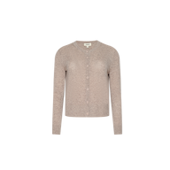 Malone Cashmere Cardigan in light beige featuring a crew neckline and front button closure, displayed on a plain white background.