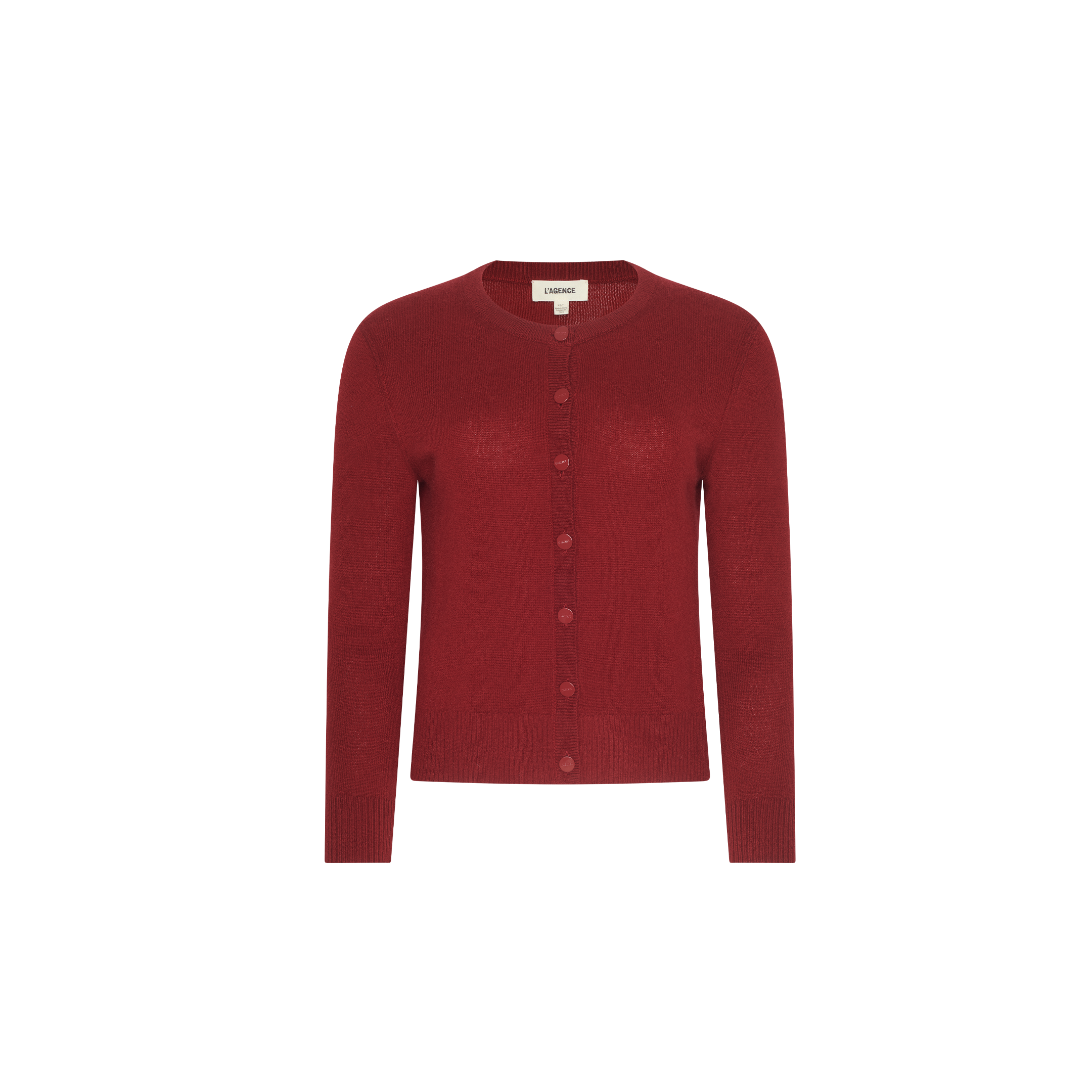 Malone Cashmere Cardigan in dark cherry red, featuring a crewneck and button-front closure.