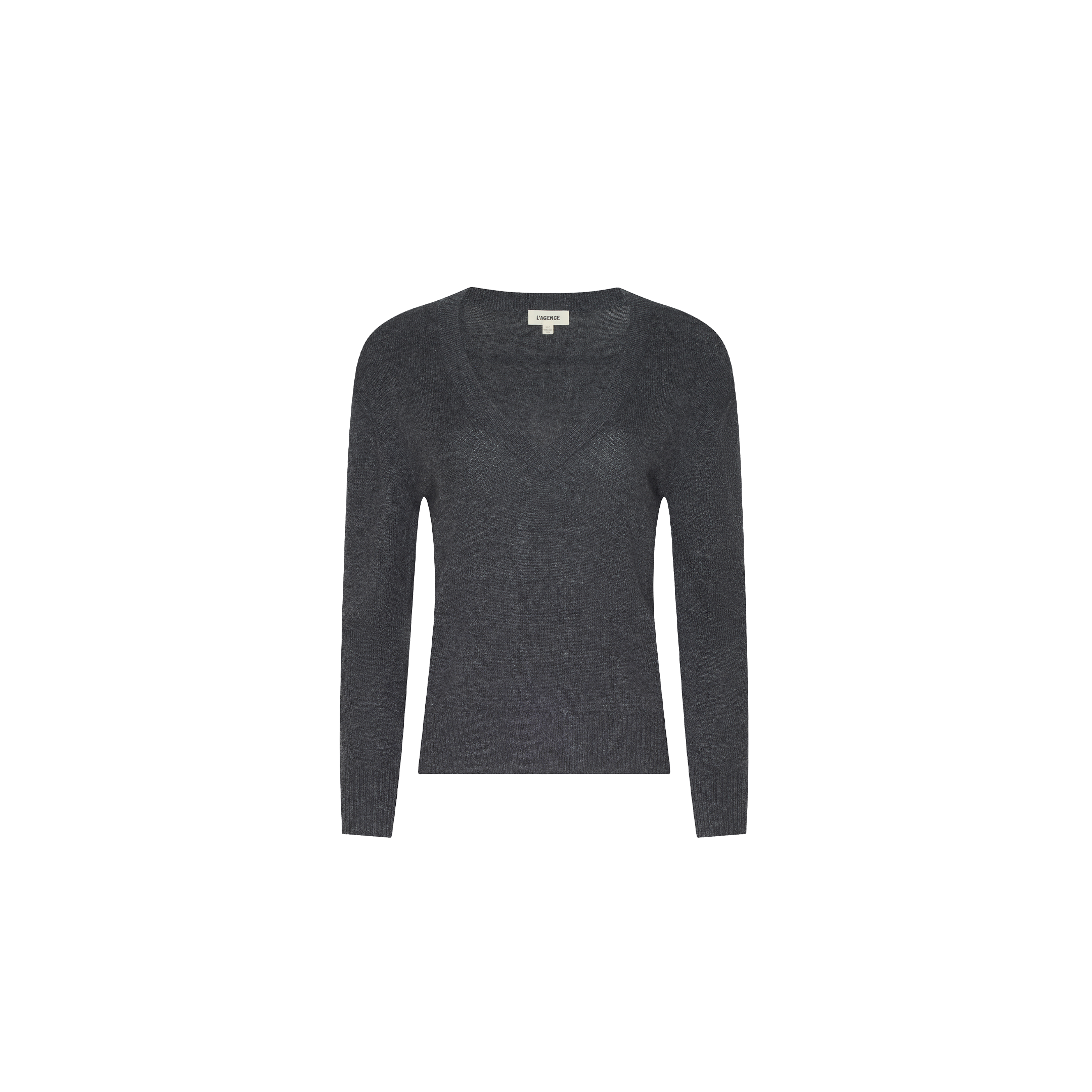 The Spence Cashmere Pullover, a charcoal gray lightweight v-neck sweater with long sleeves, is displayed on a plain white background.
