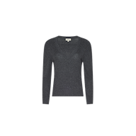 The Spence Cashmere Pullover, a charcoal gray lightweight v-neck sweater with long sleeves, is displayed on a plain white background.
