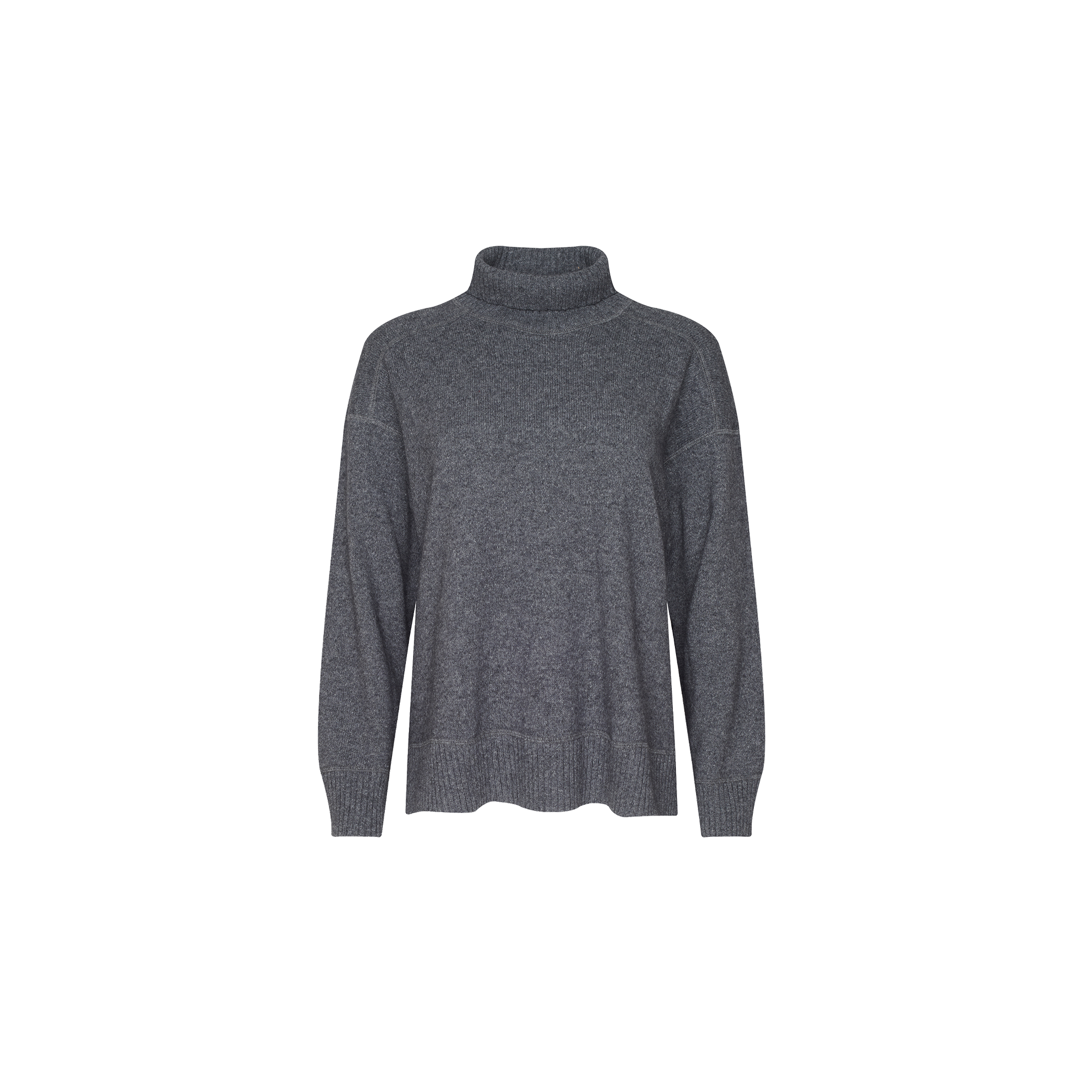 The Selwyn Oversized Turtleneck in heather grey features long sleeves and a relaxed fit, shown against a plain white background.