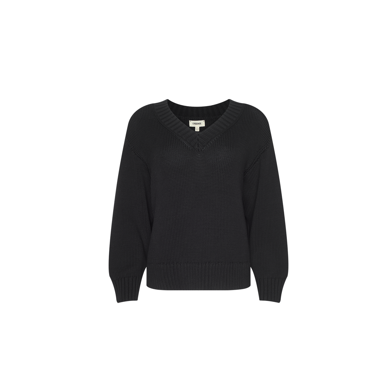 The Paxton Oversized Pullover is a black knitted cotton sweater with long sleeves and a V-neckline, displayed on a plain white background. This sweater features ribbed cuffs, hem, and collar, and offers a relaxed oversized fit.