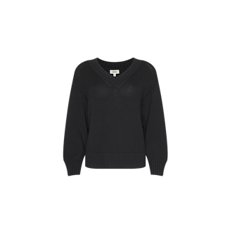 The Paxton Oversized Pullover is a black V-neck knit sweater featuring long sleeves, ribbed cuffs and hem, displayed on a plain white background. Crafted from cotton, this sweater combines comfort with effortless style.