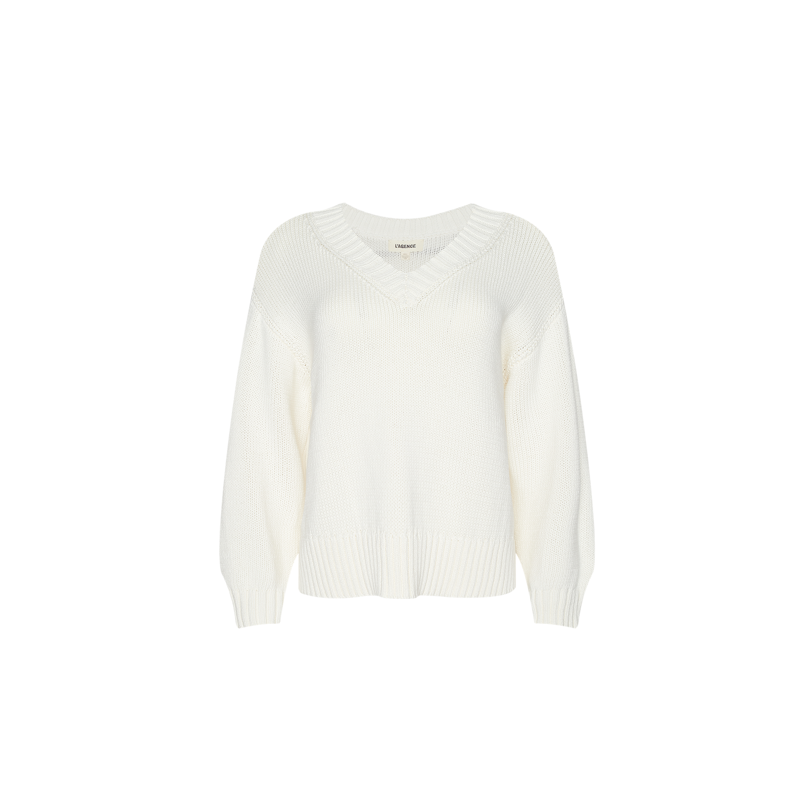 The Paxton Oversized Pullover is an ivory, long-sleeved V-neck cotton sweater featuring ribbed cuffs and hem, displayed on a plain white background. This oversized pullover delivers both comfort and style.