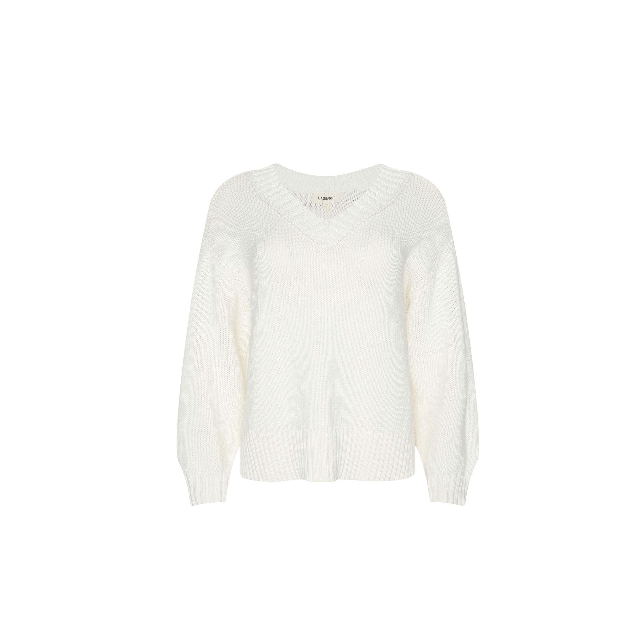 The Paxton Oversized Pullover is an ivory, long-sleeved V-neck cotton sweater featuring ribbed cuffs and hem, displayed on a plain white background. This oversized pullover delivers both comfort and style.