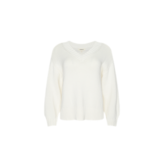 Paxton Oversized Pullover in white features long sleeves, an oversized v-neckline, and ribbed cuffs and hem, showcased against a plain white background for a relaxed, casual look.