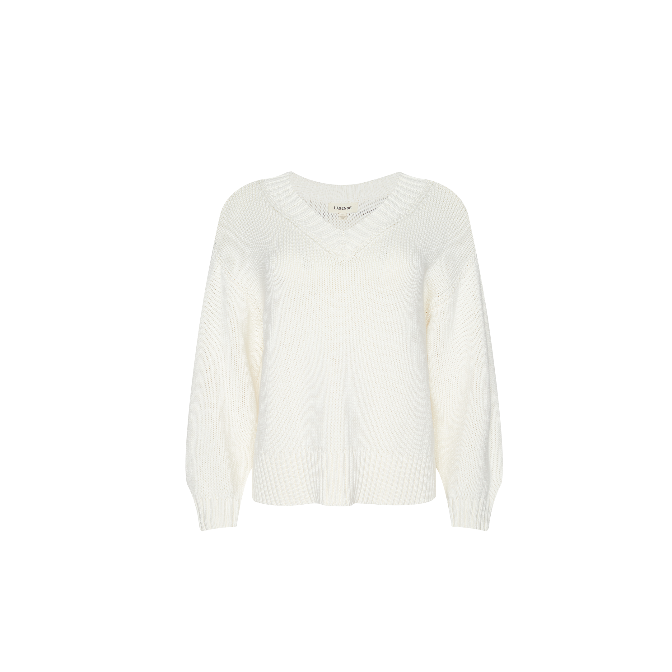 The Paxton Oversized Pullover is an ivory, long-sleeved V-neck cotton sweater featuring ribbed cuffs and hem, displayed on a plain white background. This oversized pullover delivers both comfort and style.