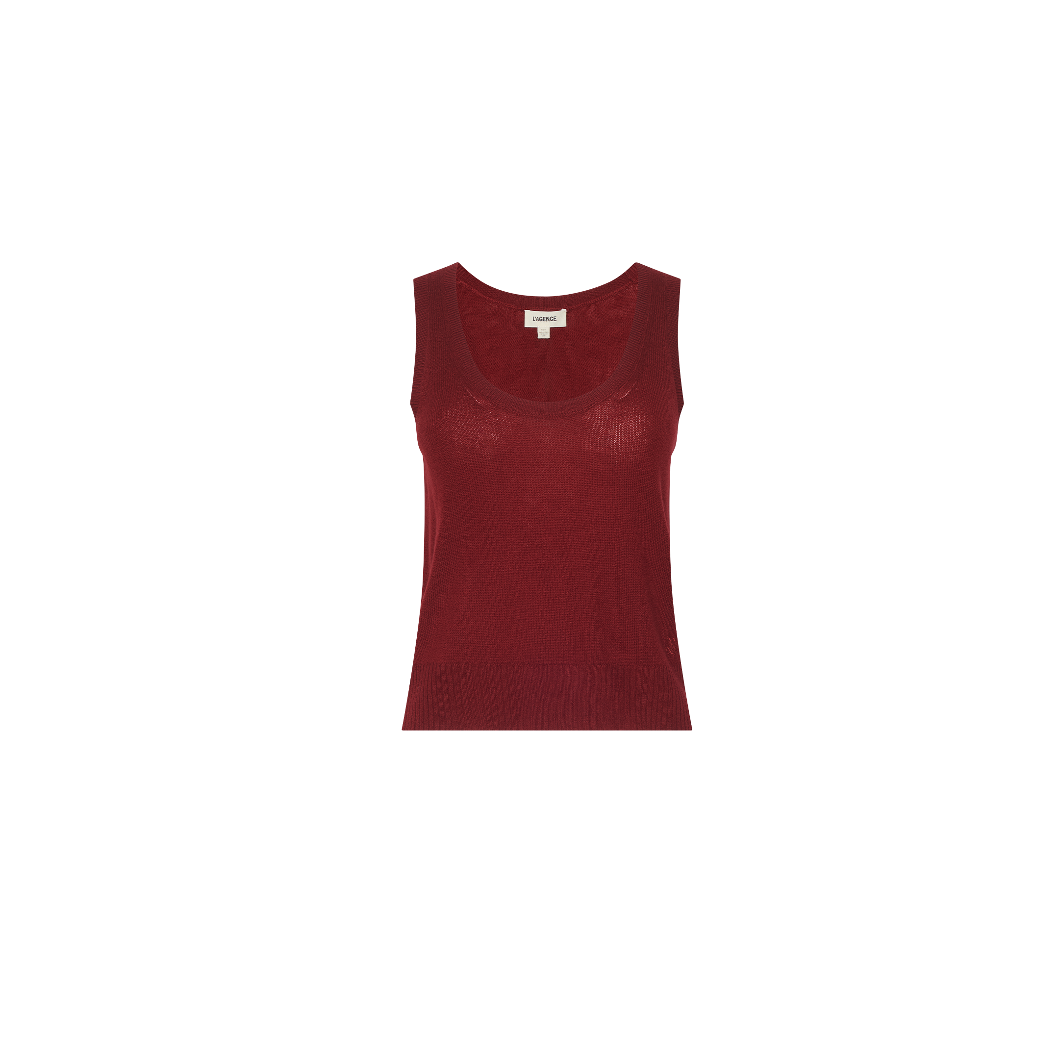 Filou Cashmere Tank, a sleeveless dark red lightweight cashmere top featuring a scoop neckline and ribbed trim.