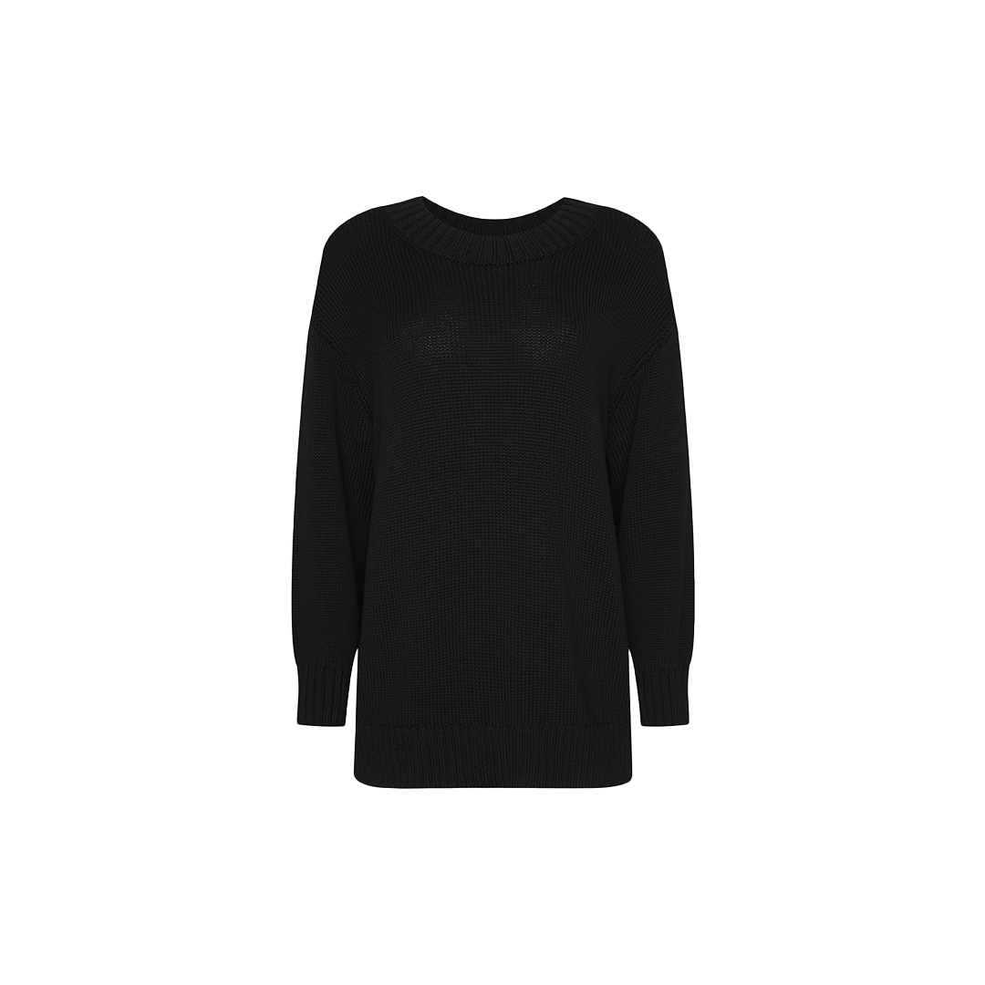 The Loden Tunic Pullover is a plain black long-sleeve knit sweater with a round neckline and relaxed fit, ideal as an everyday sweater, displayed on a white background.