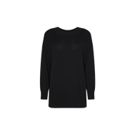 The Loden Tunic Pullover is a plain black long-sleeve knit sweater with a round neckline and relaxed fit, ideal as an everyday sweater, displayed on a white background.