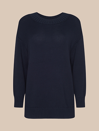 Loden Pullover: A navy blue, long-sleeve knit everyday sweater featuring a crew neckline and ribbed cuffs, collar, and hem, shown against a plain beige background.