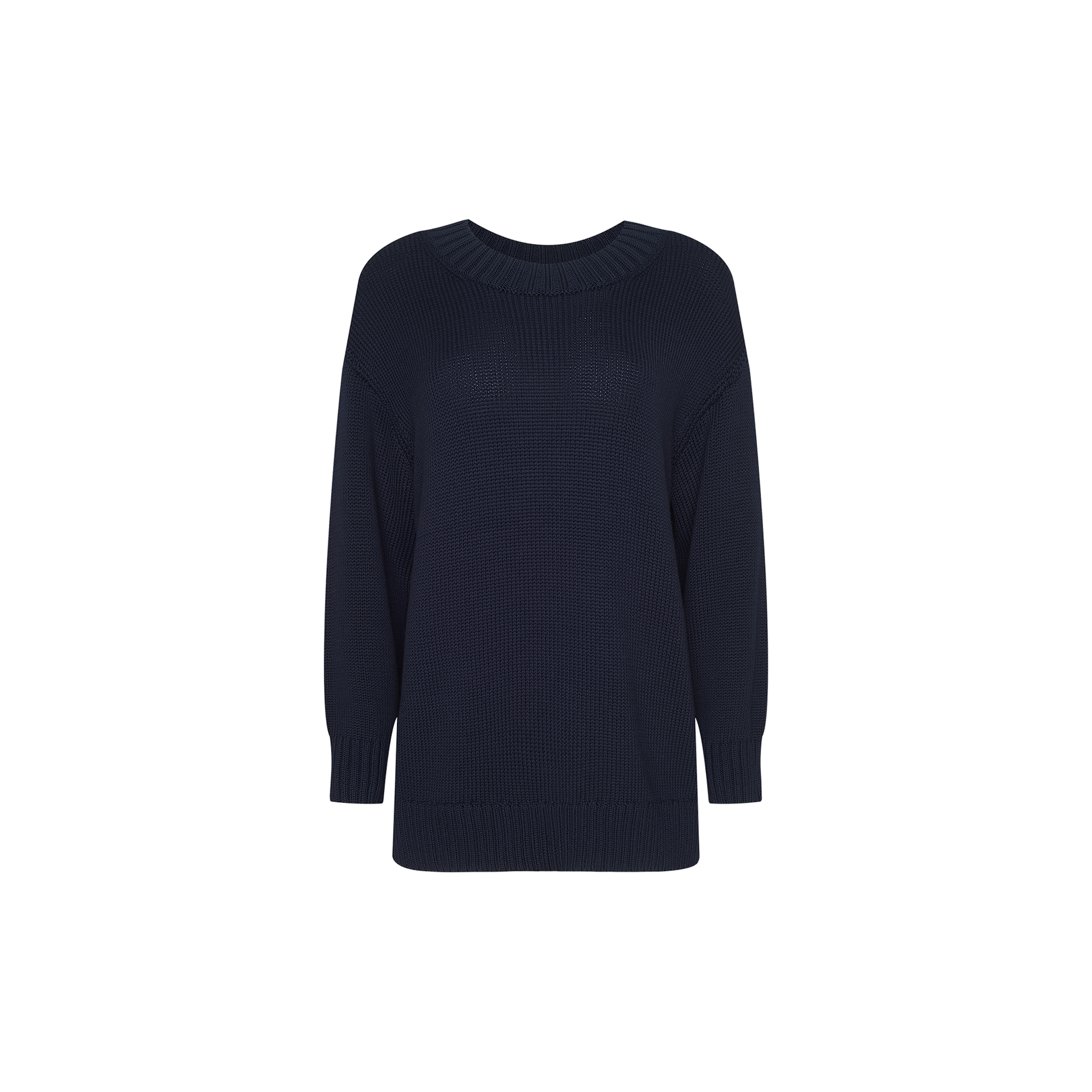 The Loden Tunic Pullover, a long-sleeve navy blue cotton sweater with a crewneck tunic silhouette, is displayed against a white background, making it an ideal choice for everyday wear.