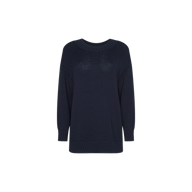 The Loden Tunic Pullover, a long-sleeve navy blue cotton sweater with a crewneck tunic silhouette, is displayed against a white background, making it an ideal choice for everyday wear.