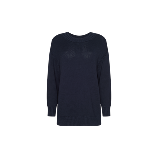 The Loden Tunic Pullover, a plain navy blue knit sweater with long sleeves, a relaxed fit, and a classic crew neckline, is displayed against a white background.