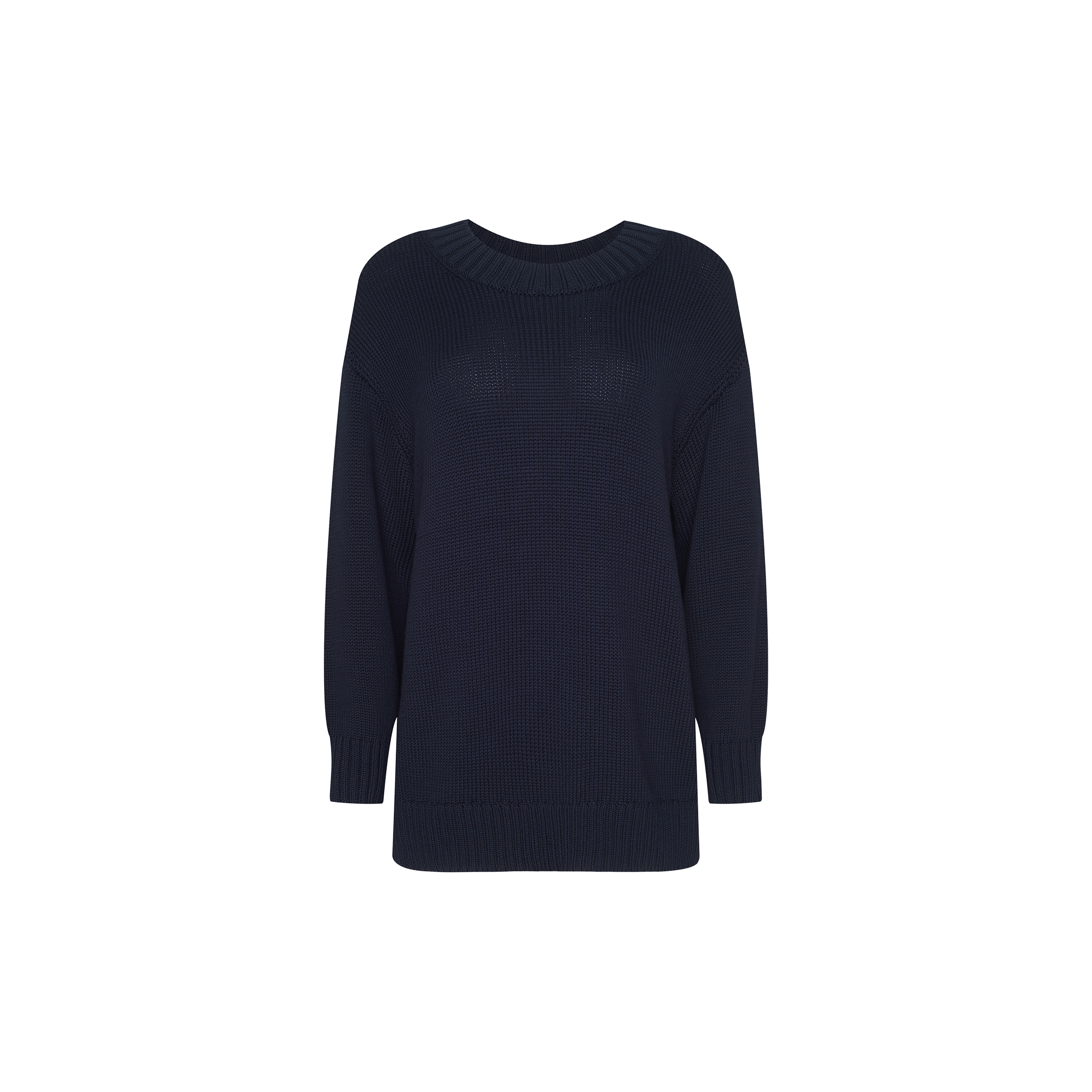 The Loden Tunic Pullover, a long-sleeve navy blue cotton sweater with a crewneck tunic silhouette, is displayed against a white background, making it an ideal choice for everyday wear.