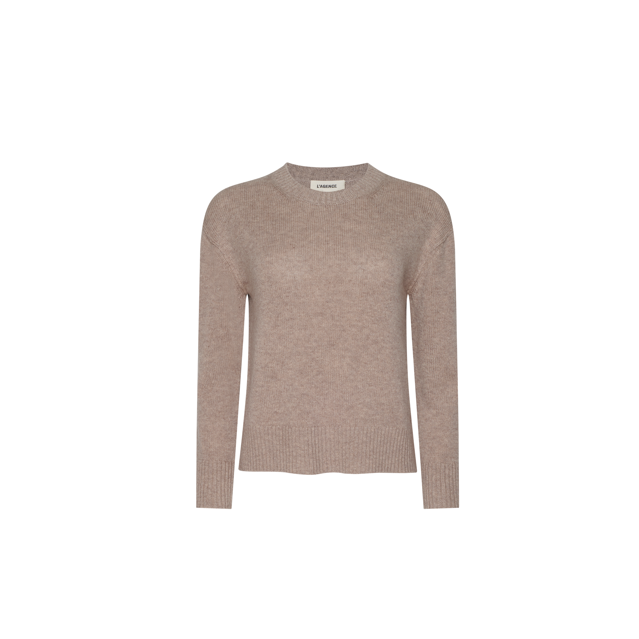 Laine Cashmere Pullover: a relaxed fit, light brown long-sleeve crewneck sweater in mid-weight cashmere with ribbed cuffs and hem.