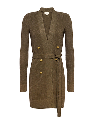 The Noe Double-Breasted Cardigan by L'AGENCE is a pine green, knee-length ribbed knit with long sleeves, a deep V-neck, four gold buttons, and a matching waist tie belt.