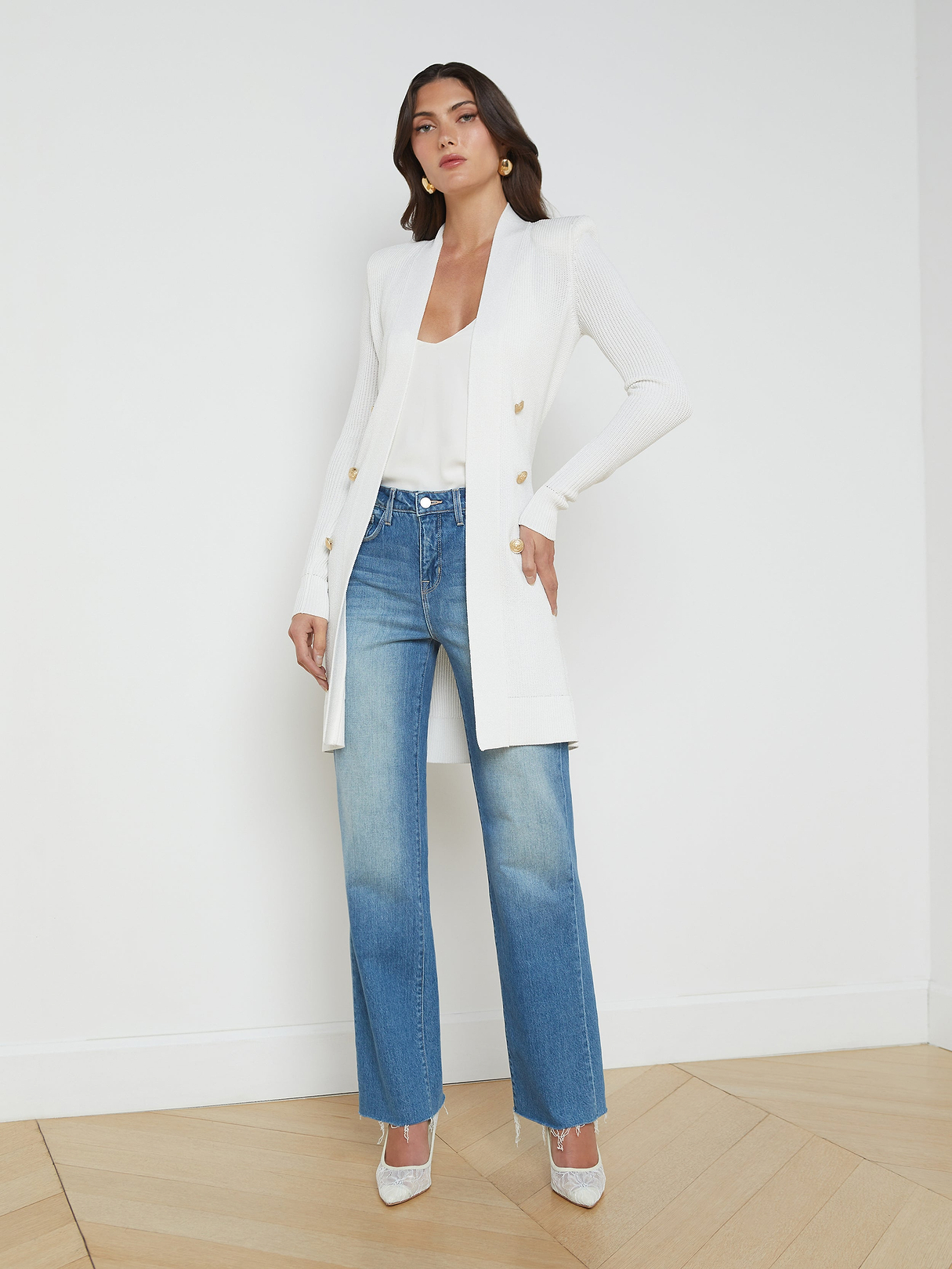 Noe Double-Breasted Cardigan in White | L'AGENCE