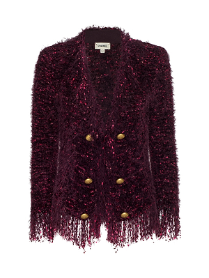 The L'AGENCE Azure Fringe Cardigan Blazer is a burgundy textured eyelash knit with gold buttons, frayed hem and cuffs, shown against a white background.