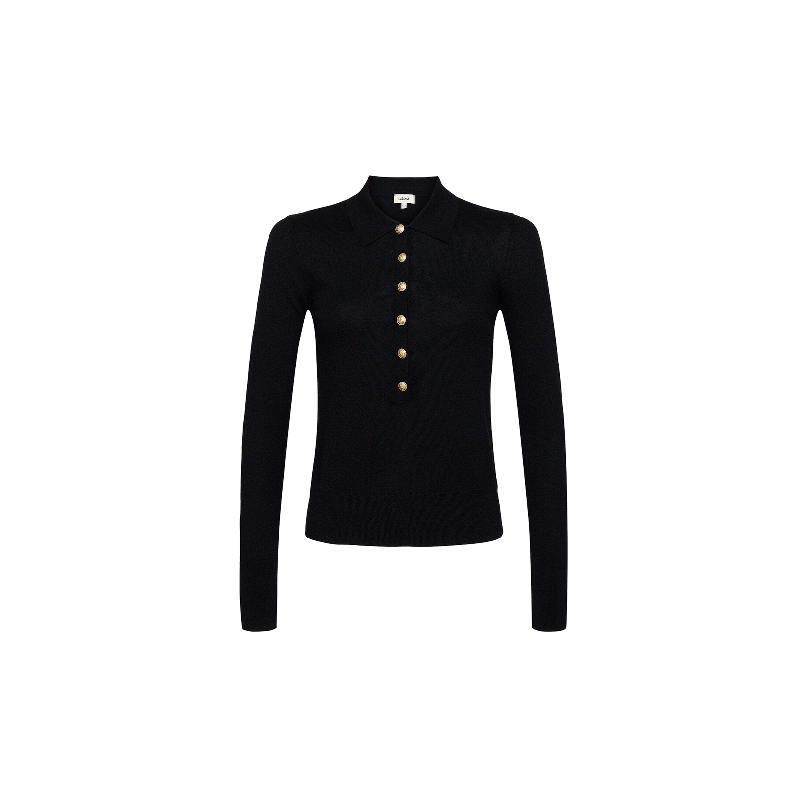 Sterling Sweater—a black long-sleeve polo crafted from premium knit fabric, featuring a slim fit design with a collar and five gold buttons down the front—is displayed on a plain white background.