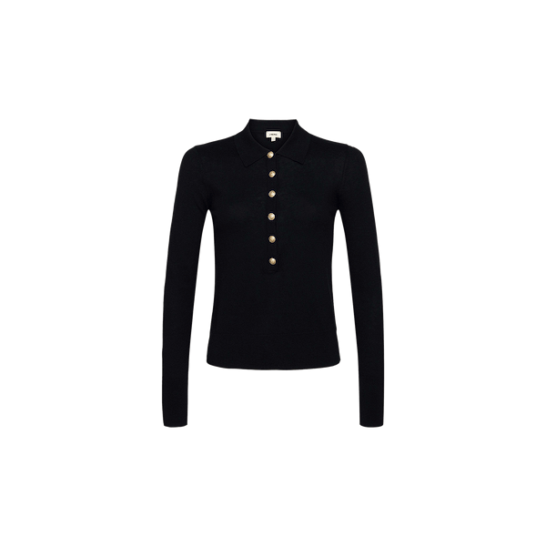 Sterling Sweater—black long-sleeve knit collared shirt with gold buttons down the front, displayed on a plain white background.