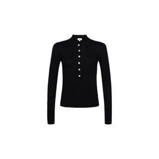 Sterling Sweater—a black long-sleeve polo crafted from premium knit fabric, featuring a slim fit design with a collar and five gold buttons down the front—is displayed on a plain white background.