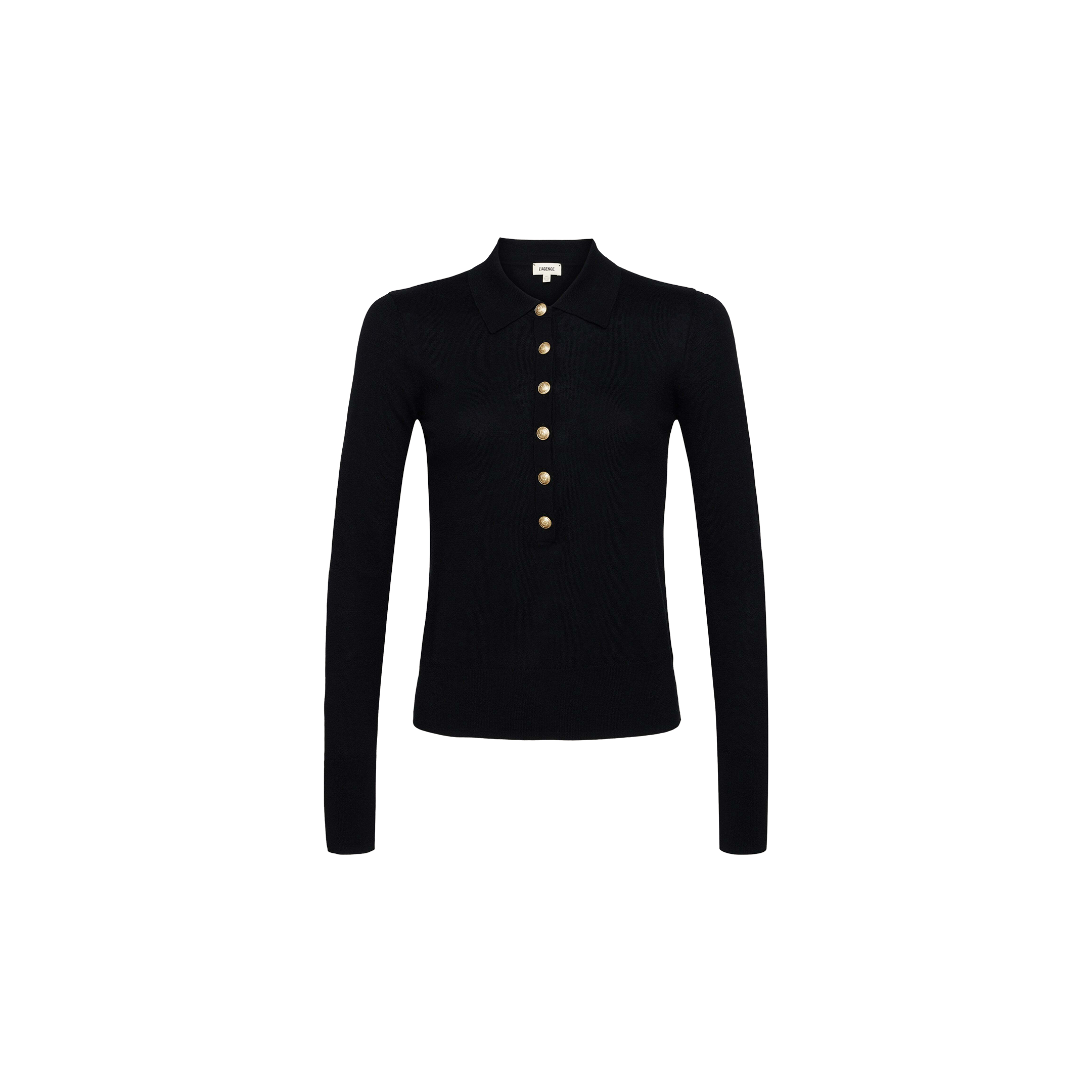 Sterling Sweater—black long-sleeve knit collared shirt with gold buttons down the front, displayed on a plain white background.