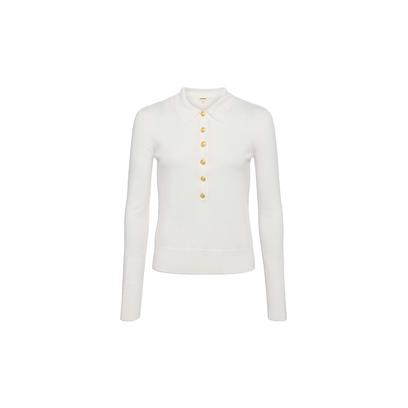 Sterling Sweater — a white, long-sleeve knit sweater featuring a collar and gold buttons along the Henley placket, displayed on a plain white background.