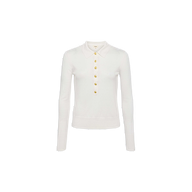 Sterling Sweater — a white, long-sleeve knit sweater featuring a collar and gold buttons along the Henley placket, displayed on a plain white background.