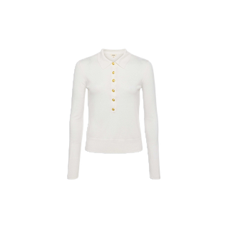 Sterling Sweater — a white, long-sleeve knit sweater featuring a collar and gold buttons along the Henley placket, displayed on a plain white background.