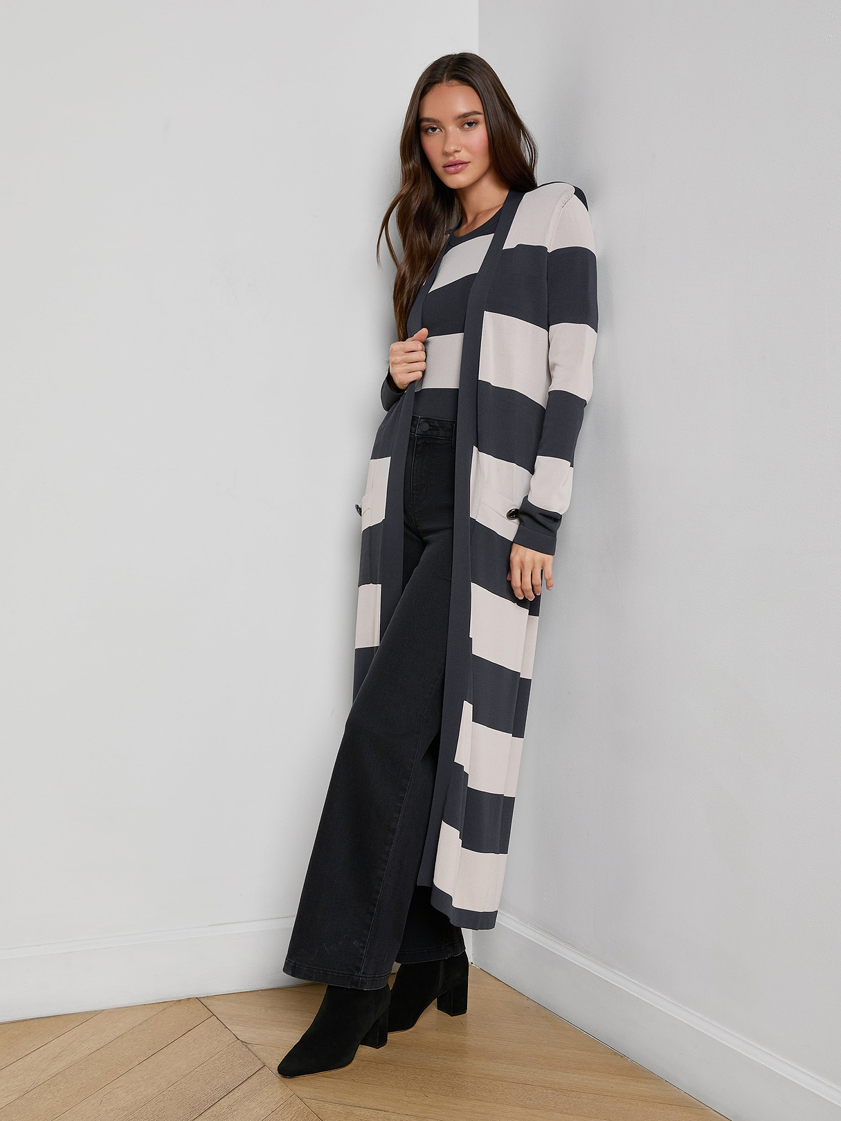 Berlin Duster Cardigan in Dark Slate/Light Grey Stripe | L'AGENCE