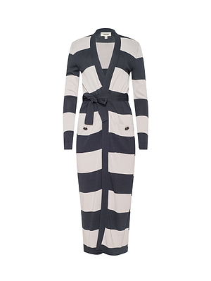 The Berlin Duster Cardigan features a long silhouette, wide navy and light gray graphic stripes, a belted waist, long sleeves, and two front pockets. Displayed on a white background.