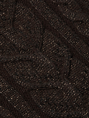 Close-up of the L'AGENCE Bellini Cable-Knit Turtleneck in dark brown wool-blend, featuring a cable-knit pattern with subtle metallic yarns for a shimmering finish.
