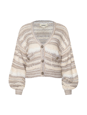 The Harriet Cardigan is a cozy, cropped wool-blend knit with blouson sleeves, beige/cream/grey stripes, three front buttons, two chest pockets, and ribbed cuffs.