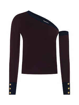 The Maeva One-Shoulder Top by L'AGENCE is a burgundy knit with long sleeves, dark navy trim on the neckline and one cuff, and gold button accents on the cuffs for an elegant touch.